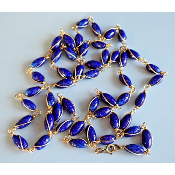 Lapis Lazuli Bead Copper Wire Wrapped Chain Link Long Single Strand Necklace 48" - Picture 11 of 14